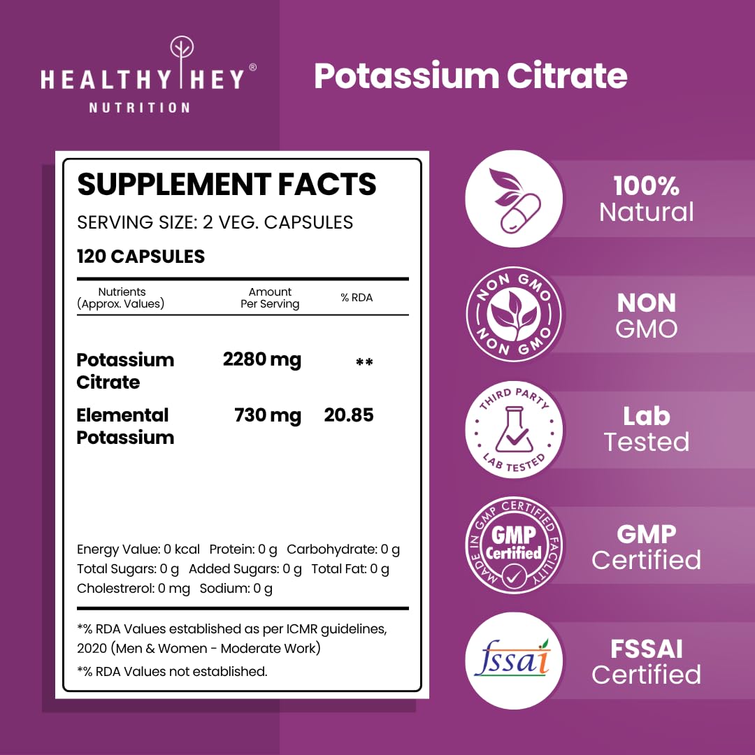 HealthyHey Potassium Citrate 730mg – 120 Vegetable Capsules (Pack of 1)