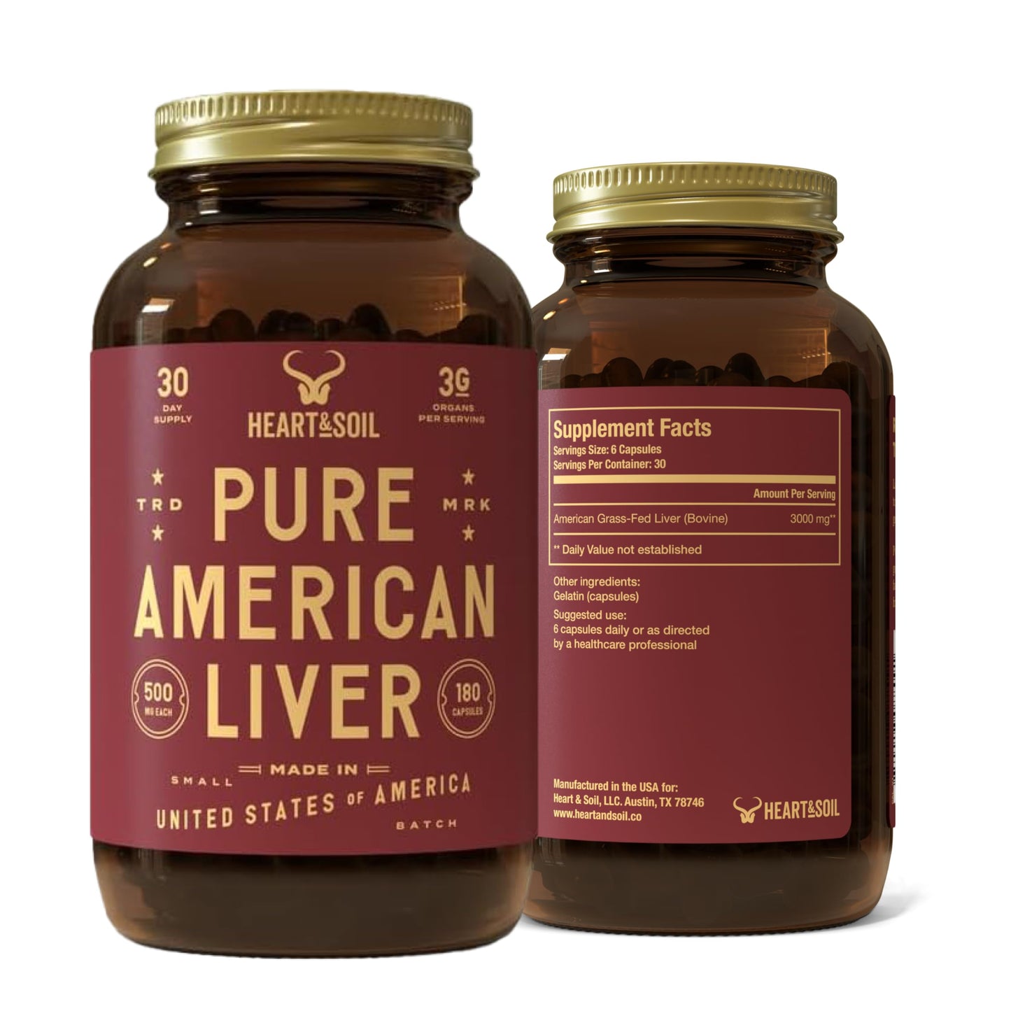 HEART & SOIL Beef Liver Capsules – 3000mg, Grass-Fed, 180 Capsules, Made in USA