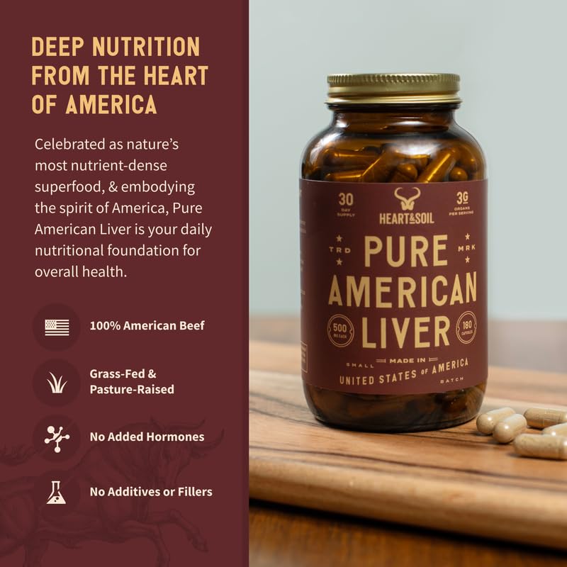 HEART & SOIL Beef Liver Capsules – 3000mg, Grass-Fed, 180 Capsules, Made in USA