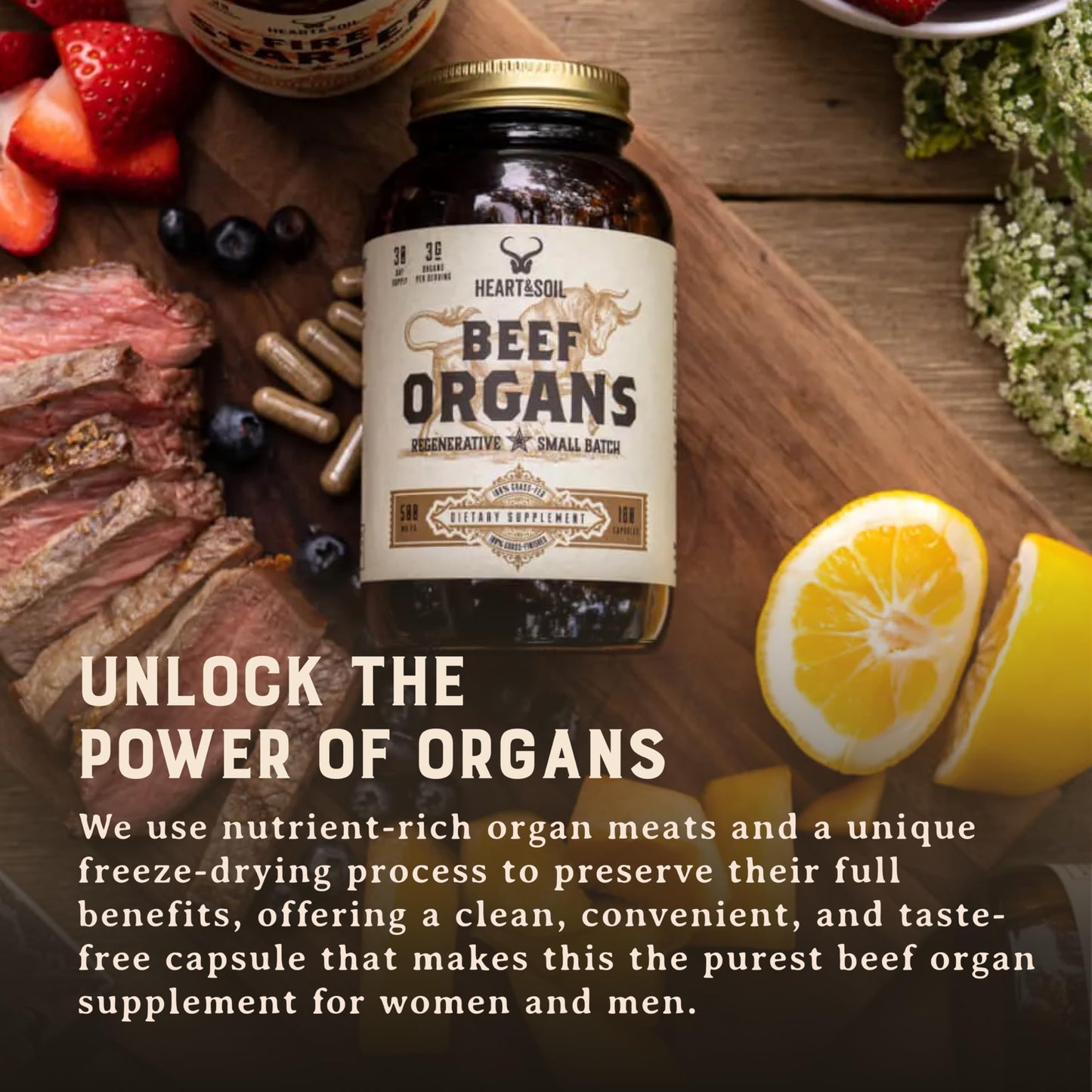 HEART & SOIL – Grass-Fed Beef Organ Supplements (Liver, Heart, Kidney, Pancreas & Spleen) – 180 Capsules