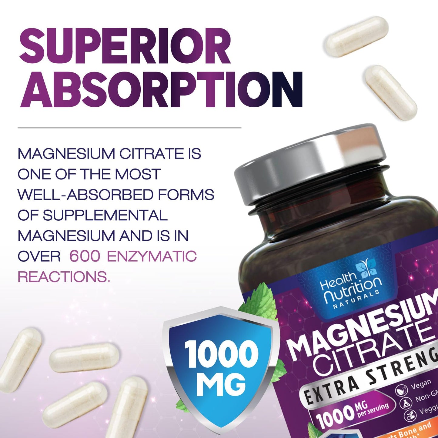 Magnesium Citrate Capsules 1000mg – Max Absorption for Muscle, Nerve, Bone & Heart Health | Gluten Free, Non-GMO | 120 Capsules