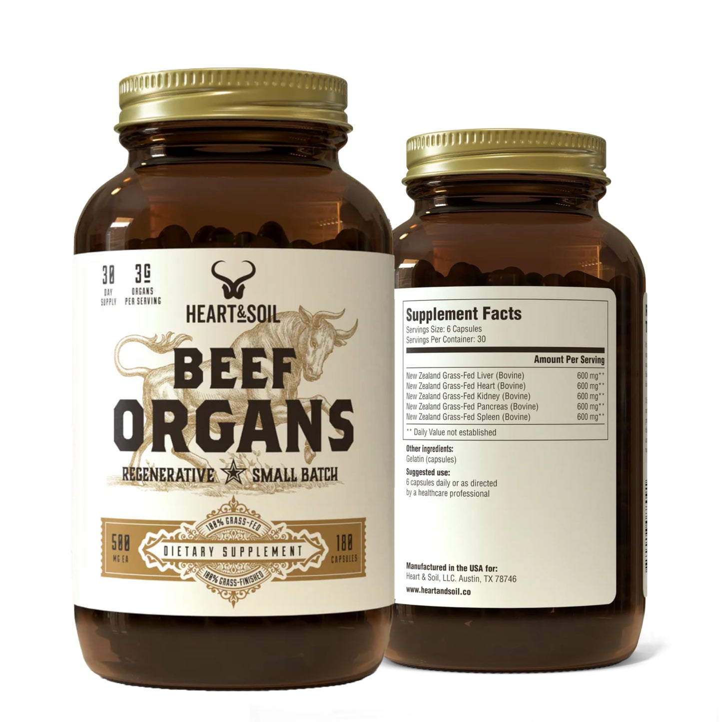 HEART & SOIL – Grass-Fed Beef Organ Supplements (Liver, Heart, Kidney, Pancreas & Spleen) – 180 Capsules