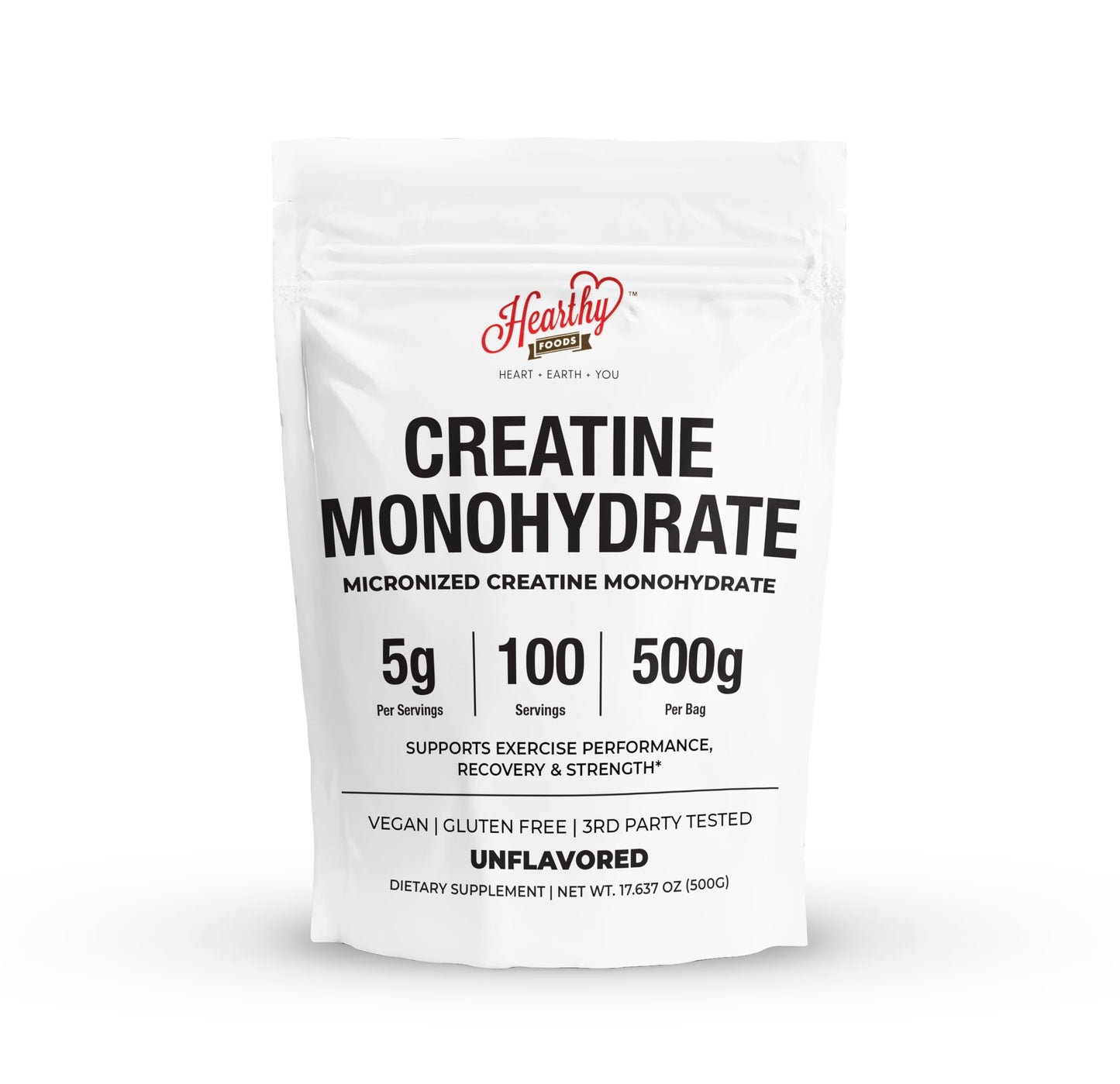 Hearthy Foods Creatine Monohydrate Micronized Powder 500g | 100 Servings, Unflavored