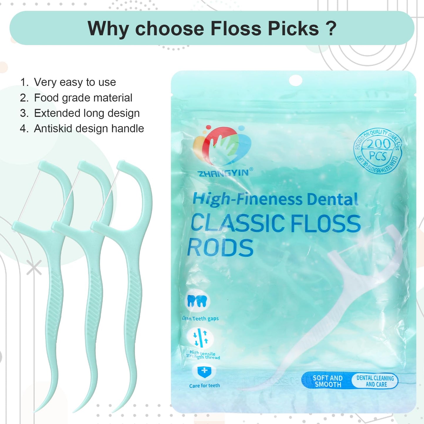 Heclia Dental Floss Picks Bulk – 200 Count Mint Flavor, Portable Light Green