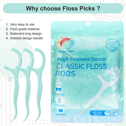 Heclia Dental Floss Picks Bulk – 200 Count Mint Flavor, Portable Light Green
