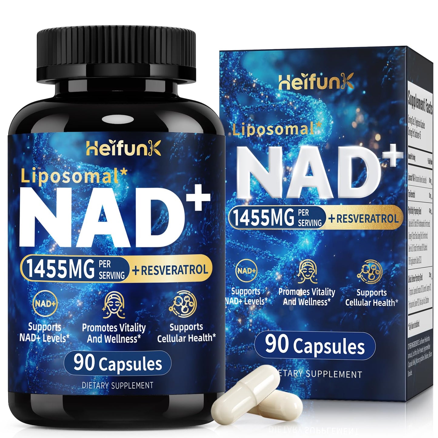 heifunk NAD+ Supplement | 1455mg Liposomal NAD+ with Resveratrol, CoQ10 & PQQ | 90 Vegan Capsules for Energy, Focus & Healthy Aging