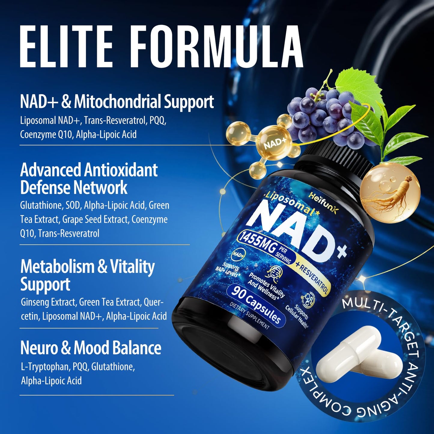 heifunk NAD+ Supplement | 1455mg Liposomal NAD+ with Resveratrol, CoQ10 & PQQ | 90 Vegan Capsules for Energy, Focus & Healthy Aging