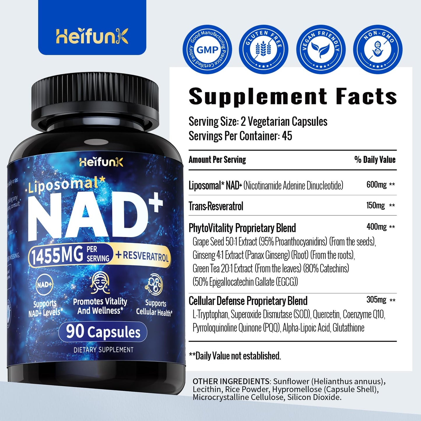 heifunk NAD+ Supplement | 1455mg Liposomal NAD+ with Resveratrol, CoQ10 & PQQ | 90 Vegan Capsules for Energy, Focus & Healthy Aging
