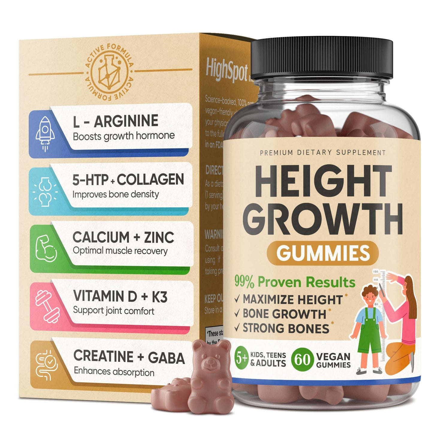 HighSpot Height Growth Gummies – Calcium 100mg, Magnesium Glycinate 30mg, Zinc 6mg, K2 D3 25mcg | Grow Tall Maximizer Multivitamin