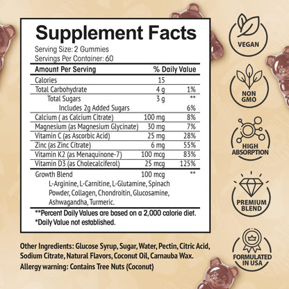HighSpot Height Growth Gummies – Calcium 100mg, Vitamin K2 D3 25mcg, Magnesium Glycinate, Zinc