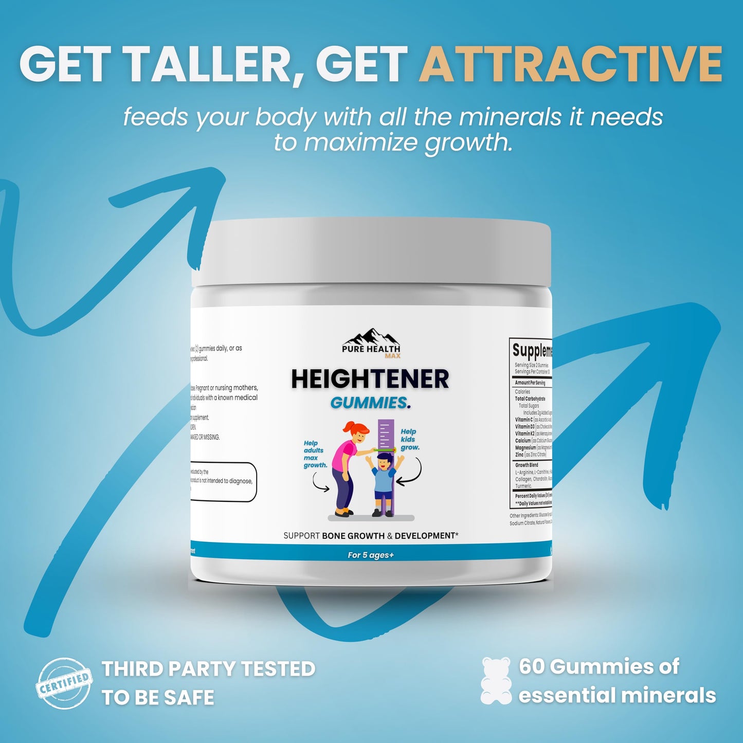PURE HEALTH MAX Heightener Gummies — Natural Height Growth Support for Kids, Teens & Adults | Calcium & Zinc + L-Arginine
