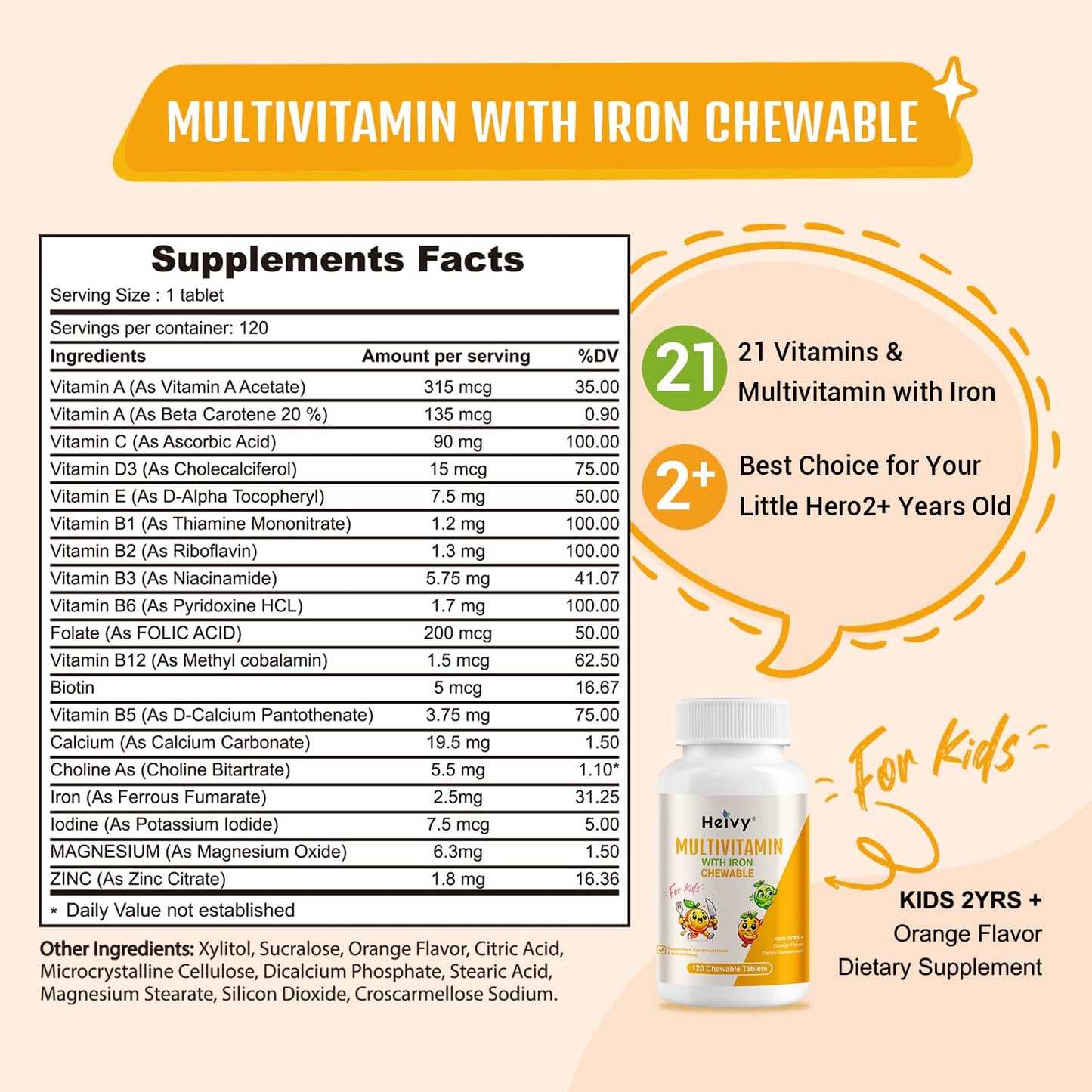 Heivy Children Multivitamin Chewable – 120 Tablets | Vitamin D3, C & B-Complex