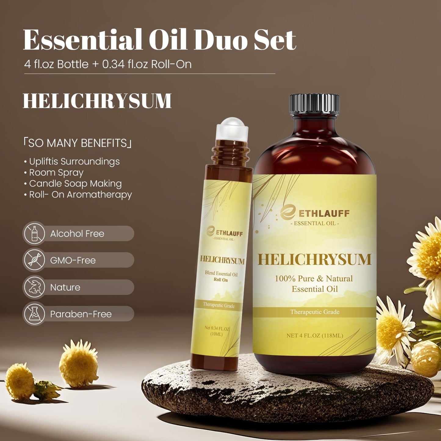 Helichrysum Essential Oil Set: 4 oz Bottle + 0.34 oz Roll-On