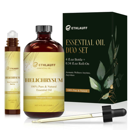 Helichrysum Essential Oil Set: 4 oz Bottle + 0.34 oz Roll-On