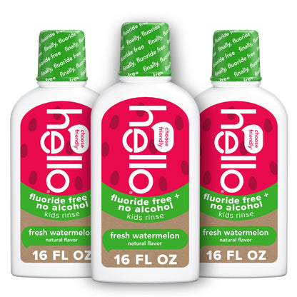 Hello Natural Watermelon Kids Mouthwash - Fluoride Free, Alcohol Free, SLS Free, Vegan (16 oz x3)