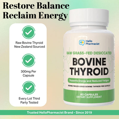 HelloPharmacist Raw Desiccated Bovine Thyroid 300mg Capsule – NZ Grass-Fed, Non-GMO, 60 Capsules