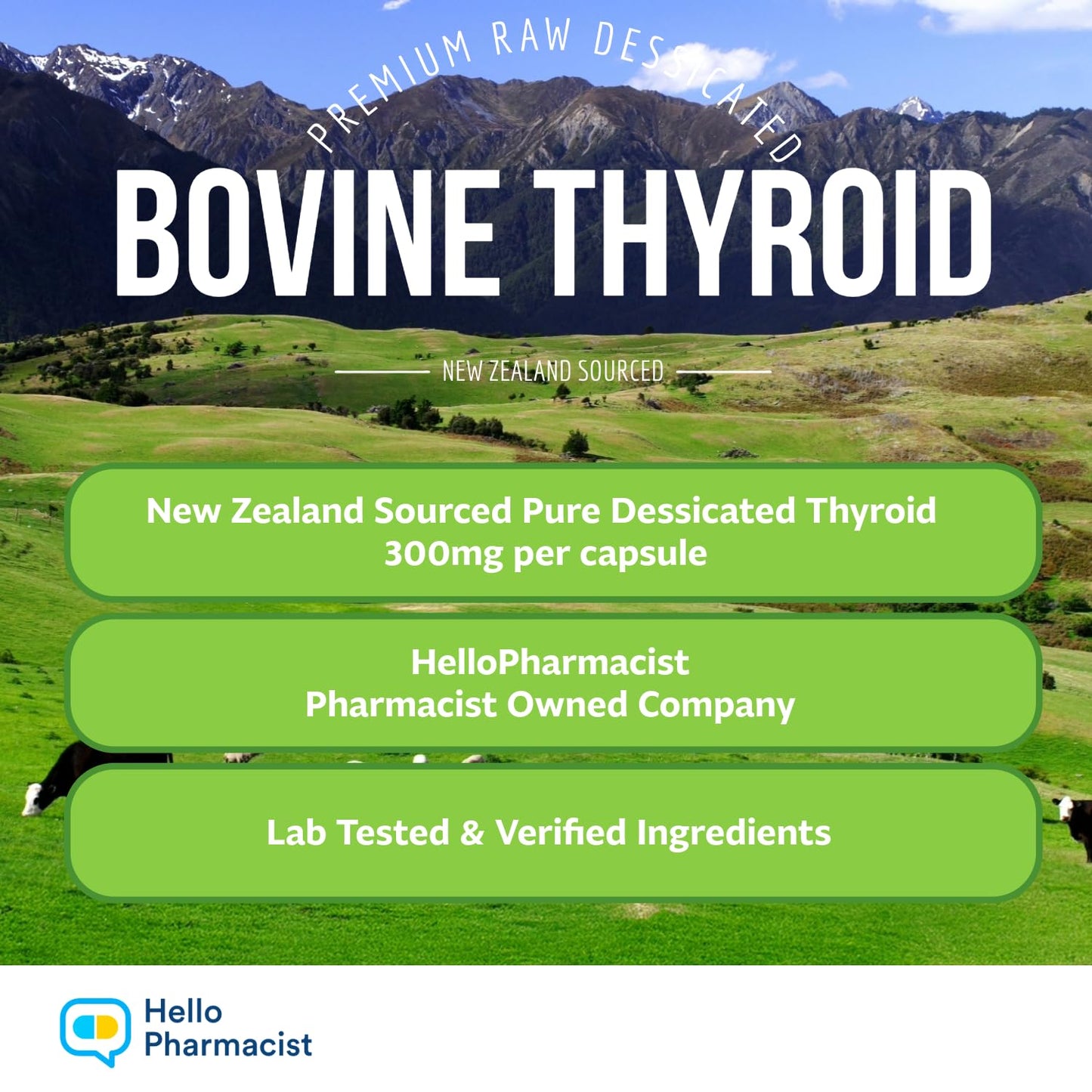 HelloPharmacist Raw Desiccated Bovine Thyroid 300mg Capsule – NZ Grass-Fed, Non-GMO, 60 Capsules