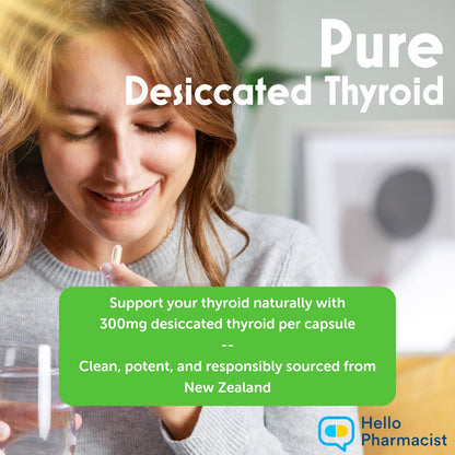 HelloPharmacist Raw Desiccated Bovine Thyroid 300mg Capsule – NZ Grass-Fed, Non-GMO, 60 Capsules
