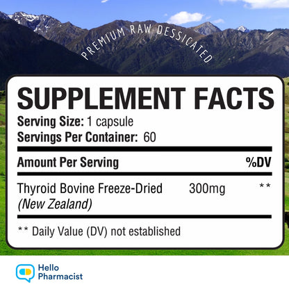 HelloPharmacist Raw Desiccated Bovine Thyroid 300mg Capsule – NZ Grass-Fed, Non-GMO, 60 Capsules