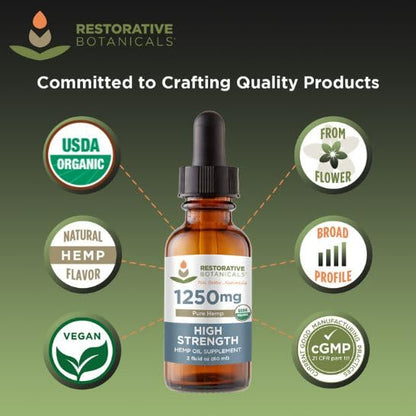 High Strength USDA Organic Hemp Oil Drops 1250mg – 2oz/60ml | Calming Relief