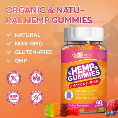 Hemp Oil Gummies with Vitamin C – Vegan, Organic, Non-GMO, Gluten-Free, Fruity Flavor, 60 Gummies(1Pack)