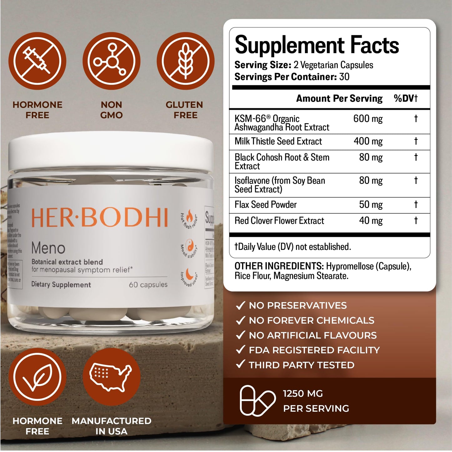 Her Bodhi MENO - Menopause Hormonal Balance Supplement for Women | Estrogen Soy Isoflavones, Ashwagandha, Holy Basil, Black Cohosh | 60 Capsules