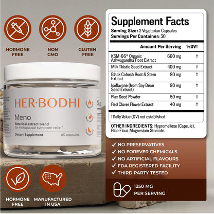 Her Bodhi MENO - Menopause Hormonal Balance Supplement for Women | Estrogen Soy Isoflavones, Ashwagandha, Holy Basil, Black Cohosh | 60 Capsules