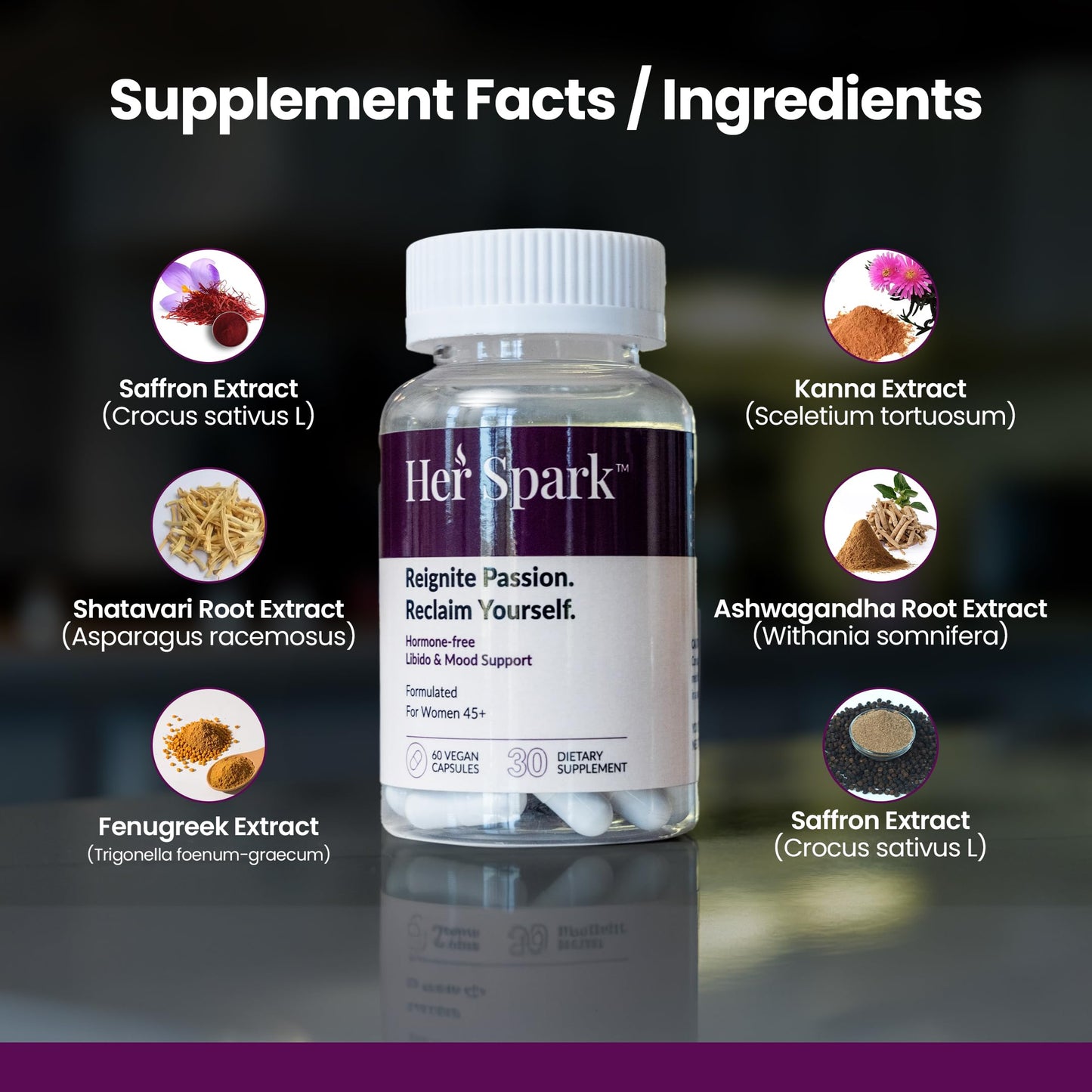 Her Spark Menopausal Libido & Mood Support - Female Hormone Balance & Desire Booster with Ashwagandha Fenugreek & Shetavari - Hormone-Free, Vegan Menopause Supplement