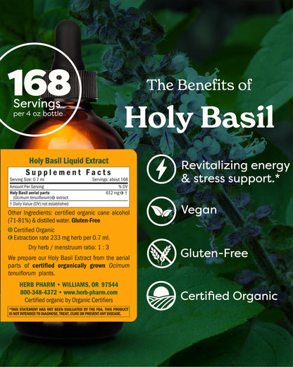 Herb Pharm Holy Basil (Tulsi) Liquid Extract – Certified Organic, Energy & Vitality (4 oz)