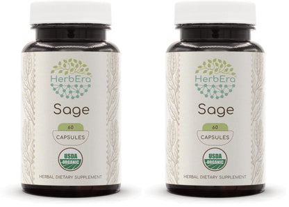 HerbEra Sage USDA Organic 60 Capsules | Natural Herbal Supplement | Certified Organic Sage (Salvia officinalis) Dried Leaf – Pack of 2