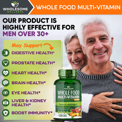 Wholesome Wellness Whole Food Multivitamin for Men – Vegan, Non-GMO, 120 Tablets