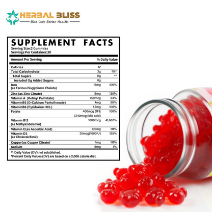 Herbal Bliss Iron Gummies for Anemia - Vegan Bisglycinate, C, D3, Zinc | Cherry