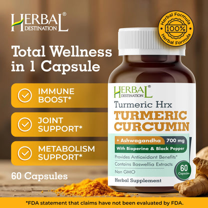 Herbal Destination Turmeric Supplement - Immune Support, Metabolism Booster & Joint Health - 60 Capsules