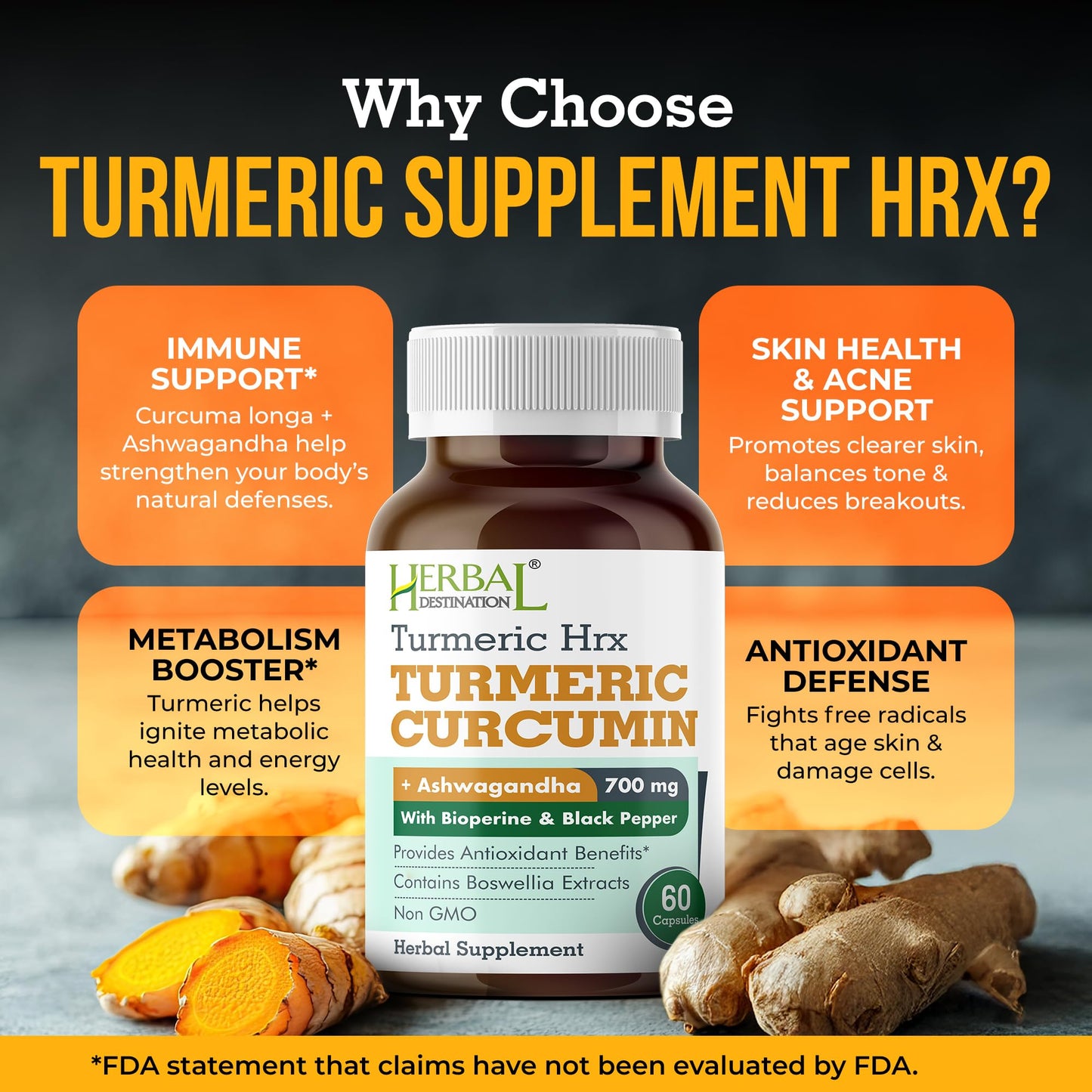 Herbal Destination Turmeric Supplement - Immune Support, Metabolism Booster & Joint Health - 60 Capsules