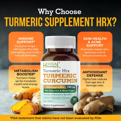 Herbal Destination Turmeric Supplement - Immune Support, Metabolism Booster & Joint Health - 60 Capsules