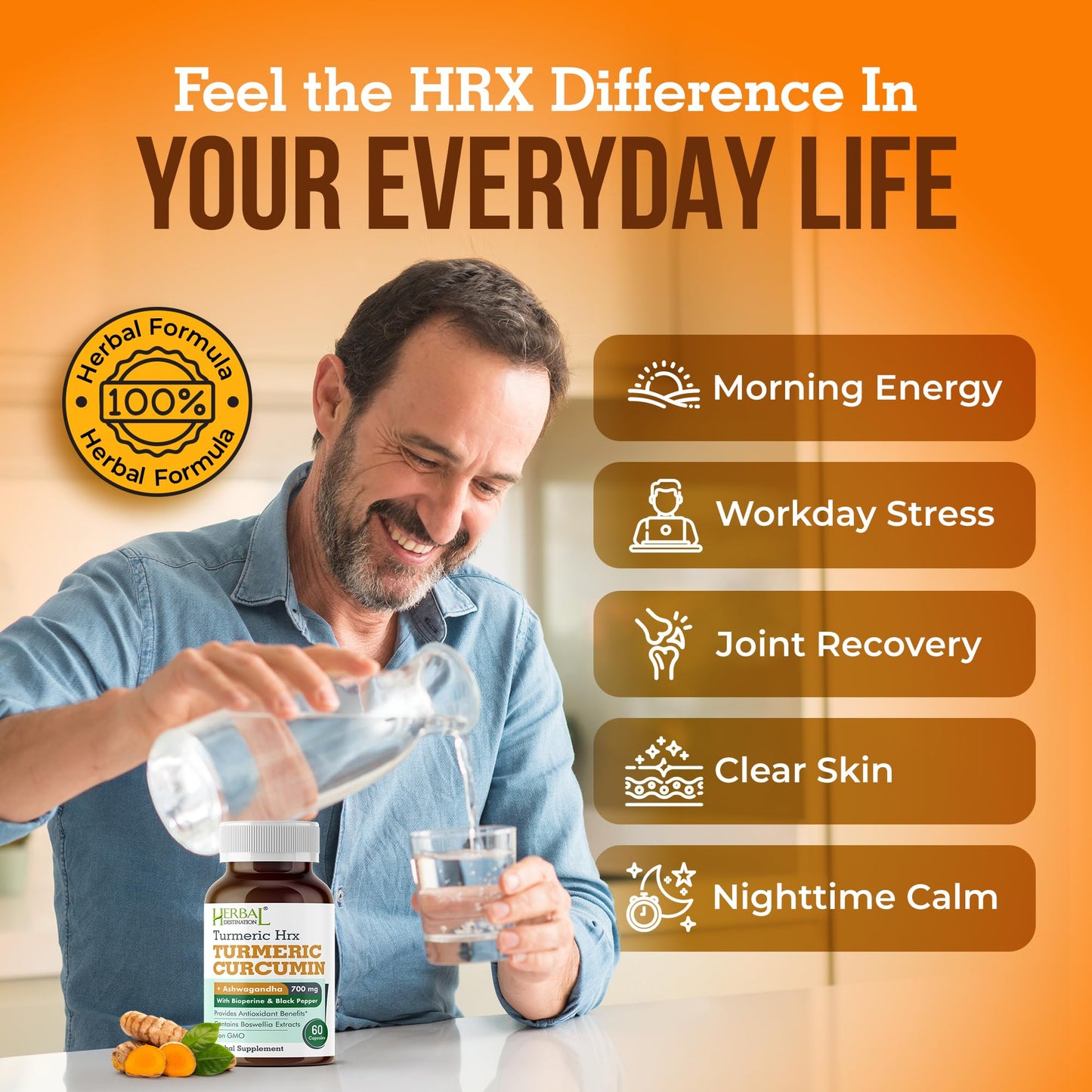 Herbal Destination Turmeric Supplement HRX - 60 Capsules (Pack of 2) | Turmeric Curcumin, Boswellia & Black Pepper Extract