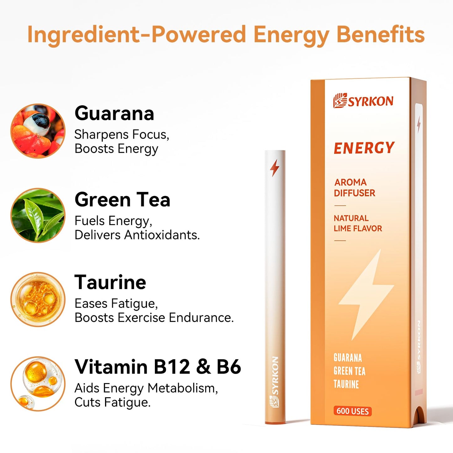 Herbal Diffuser Pen: Natural Energy Boost & Focus Support (Guarana, Green Tea, Taurine, B12 & B6) – 600 Uses