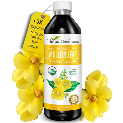 Herbal Goodness Mullein Drops for Lungs – Organic 15X Mullein Extract, Alcohol-Free