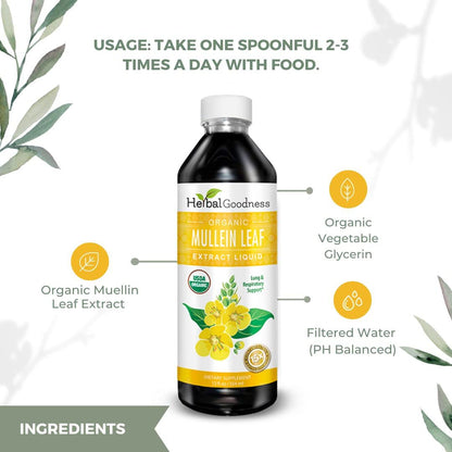 Herbal Goodness Mullein Drops for Lungs – Organic 15X Mullein Extract, Alcohol-Free
