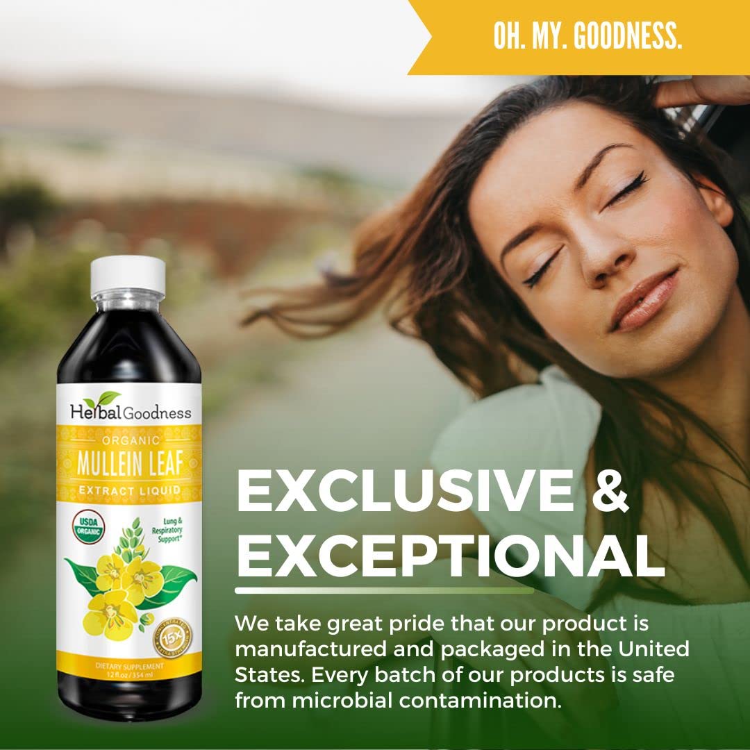 Herbal Goodness Mullein Drops for Lungs – Organic 15X Mullein Extract, Alcohol-Free