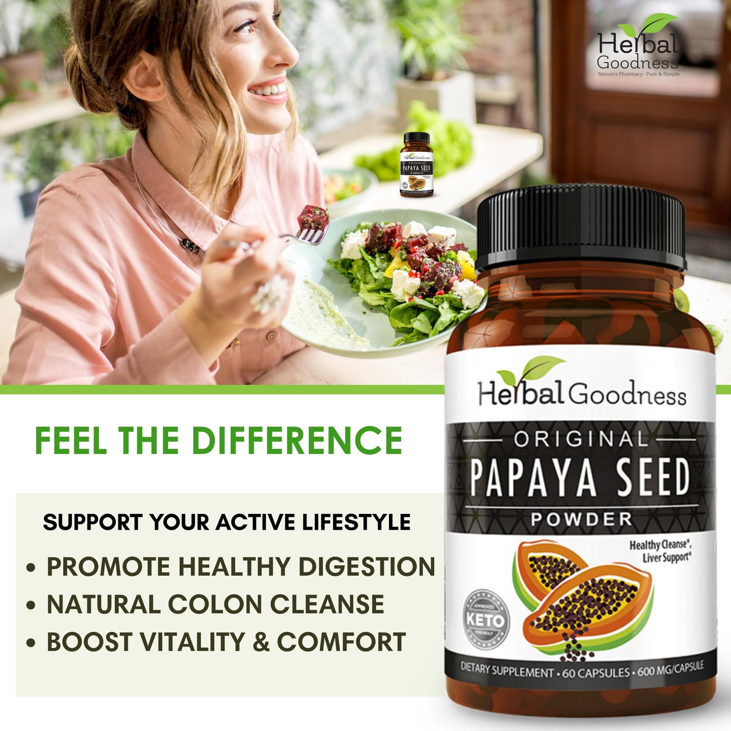 Herbal Goodness Papaya Seeds Powder Capsules – 600mg x 60, Organic Papain Enzymes for Digestion