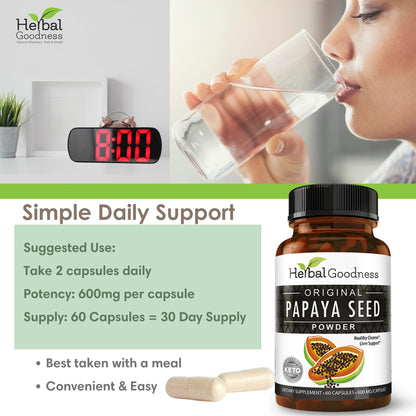 Herbal Goodness Papaya Seeds Powder Capsules – 600mg x 60, Organic Papain Enzymes for Digestion