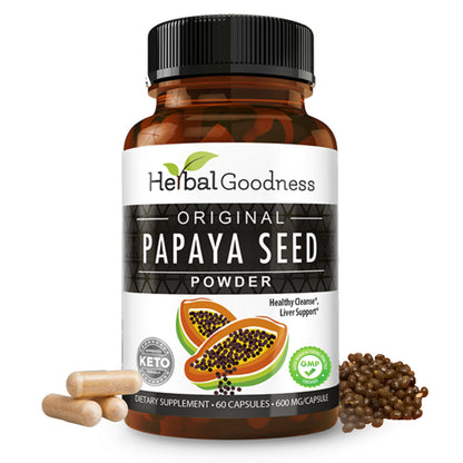 Herbal Goodness Papaya Seeds Powder Capsules – 600mg x 60, Organic Papain Enzymes for Digestion