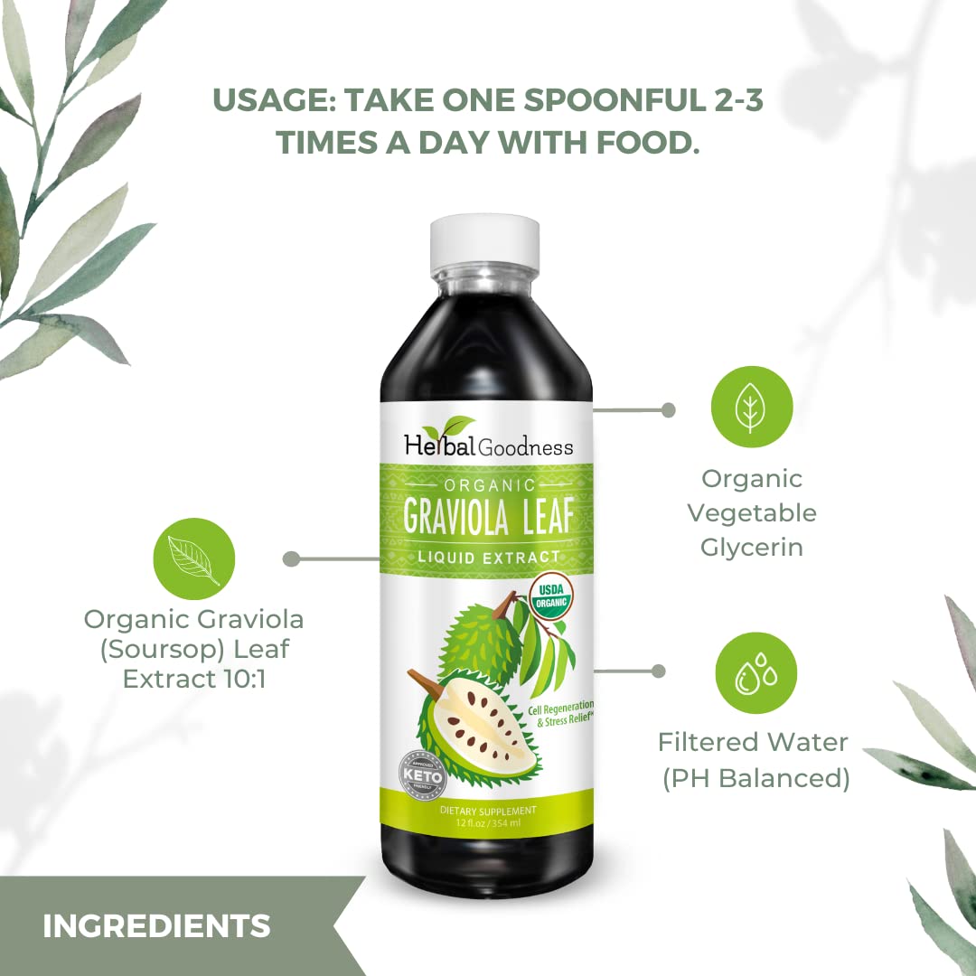 Herbal Goodness Soursop Liquid Drops 12 oz – 15:1 Organic Guanabana Extract for Gut & Immune Support