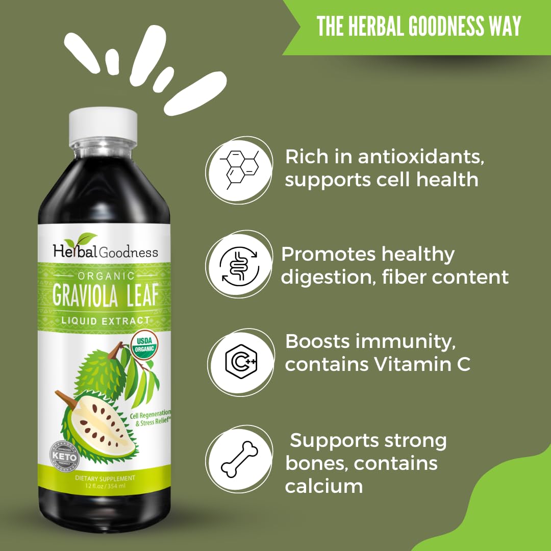 Herbal Goodness Soursop Liquid Drops 12 oz – 15:1 Organic Guanabana Extract for Gut & Immune Support