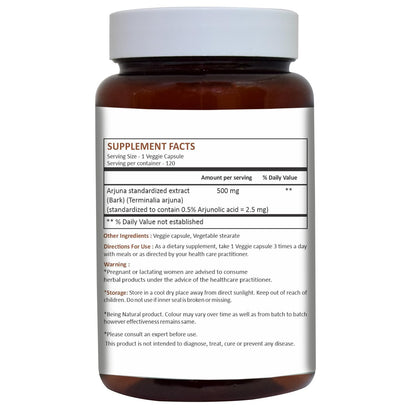 HERBAL HILLS Arjuna Capsules – Terminalia Arjuna 120 Count (500 mg) Standardized Extract