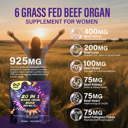 tzaxyan 20-In-1 Beef Organ Supplement for Women – Grass-Fed Liver, Uterus, Ovary & More | Hormone Balance & Energy | 60 Days