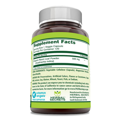 Herbal Secrets Neem Supplement - 500 Mg Per Serving | 120 Veggie Capsules | Non-GMO, Gluten Free, Made in USA