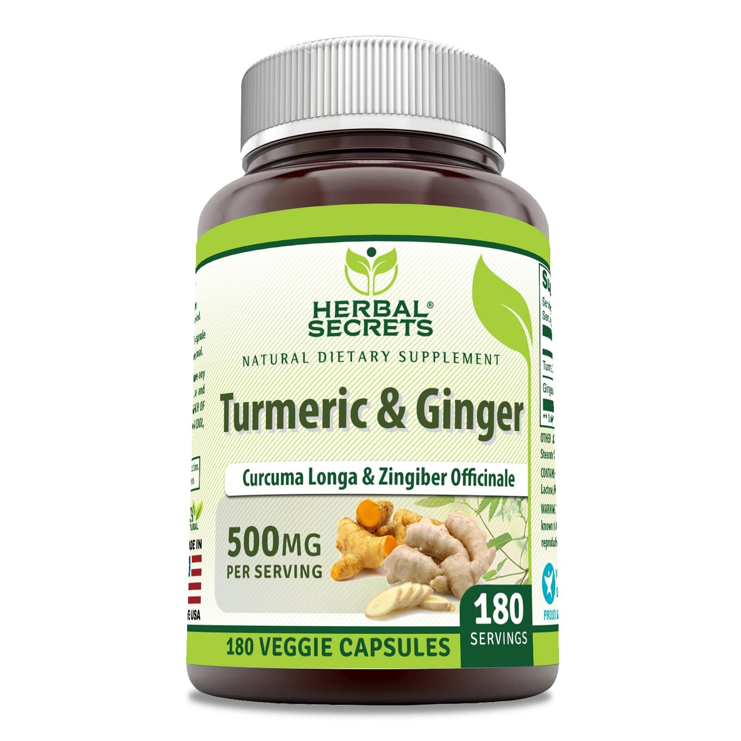 Herbal Secrets Turmeric & Ginger 500 mg Veggie Capsules - Non-GMO, Gluten Free, USA Made