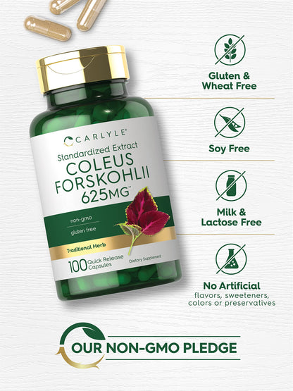 Carlyle Coleus Forskohlii Capsules | 625mg | 100 Count | Non-GMO & Gluten Free Standardized Extract | Forskolin Supplement